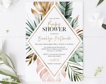 Tropical Baby Shower Invitation, Printable Pink Tropical Invitation Template, Baby Shower Invitation, Edit with TEMPLETT, WLP-TRB 2488