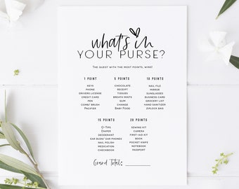 What's in your Purse Game, Printable Bridal Shower Game, Purse Game, Baby Shower Game, Instant Download, Editable, TEMPLETT, WLP-SIL 4129