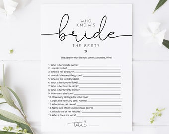 Minimalist Who knows the Bride the Most Game, Script Bridal Shower Game, Printable How well do you know the Bride?,  TEMPLETT, WLP-ODA 4108