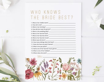 Wildflower Who knows the Bride the Most Game, Floral Bridal Shower Game, Printable How well do you know the Bride?,  TEMPLETT, WLP-WIL 4782