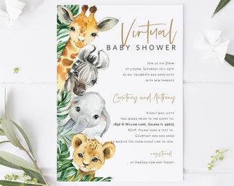 Virtual Baby Shower Invitation, Social Distancing Baby Shower, Safari, Jungle Animals, Editable Invitation, Templett, WLP-SAF 3983