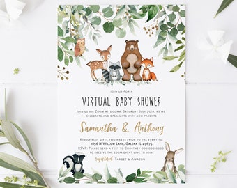 Virtual Baby Shower Invitation, Social Distancing Baby Shower, Woodland Animals, Greenery, Editable Invitation, Templett, WLP-RWW 3993