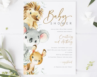 May include: A white baby shower invitation with a gold script font that says "Baby Shower". The invitation features a watercolor illustration of a koala, echidna, and kangaroo. The text on the invitation reads "Join us for a wild baby shower honoring new parents Courtney and Anthony. Saturday, September 24th 2022, 1856 N Willow Lane, Galena IL 49675 at 12:00PM. RSVP by September 19th to Courtney Handley 000.000.0000. Registered at Amazon.com and Target."