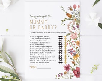Printable Baby Shower Mommy or Daddy Game, Wildflower Baby Shower Games, Editable Game Card, Instant download, TEMPLETT, WLP-WIL 4694