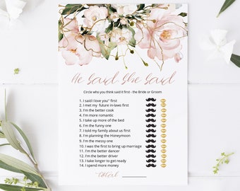 Blush He Said She Said Game, Gold Bridal Shower Game, Printable He Said She Said Game, Edit with TEMPLETT, WLP-PGO 4359