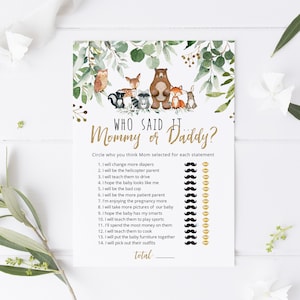 Woodland Baby Shower Mommy or Daddy Game, Woodland Baby Shower Games, Editable Game Card, Instant download, TEMPLETT, WLP-RWW 4162