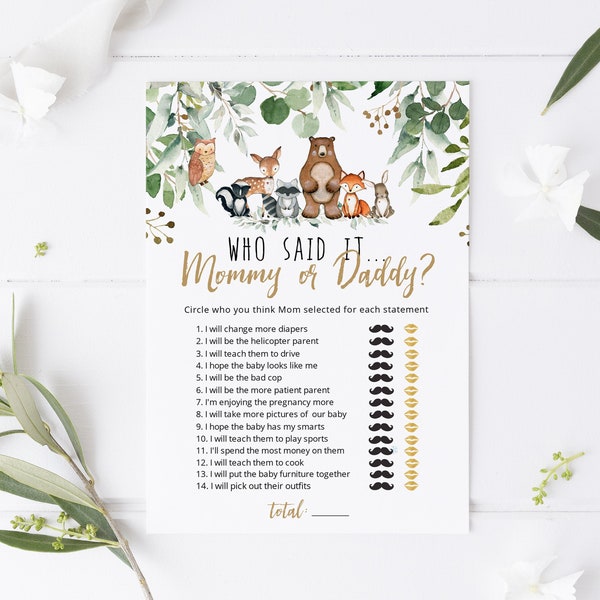 Woodland Baby Shower Mommy or Daddy Game, Woodland Baby Shower Games, Editable Game Card, Instant download, TEMPLETT, WLP-RWW 4162