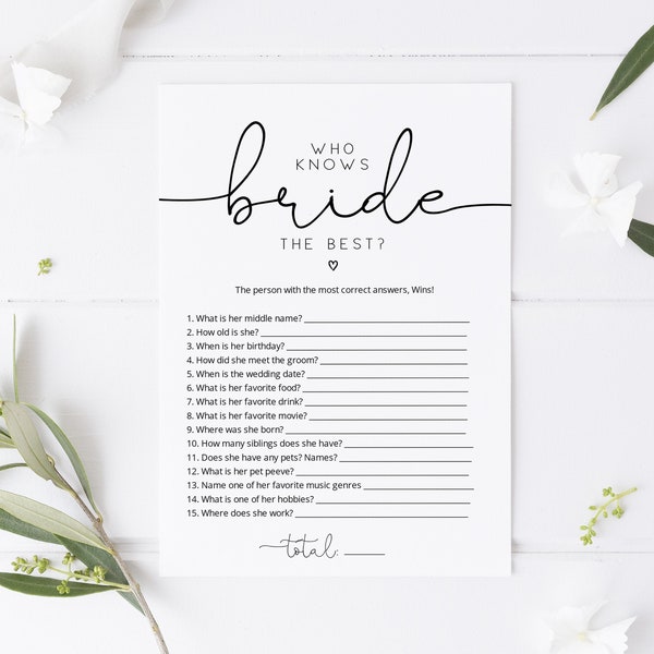 Minimalist Who knows the Bride the Most Game, Script Bridal Shower Game, Printable How well do you know the Bride?,  TEMPLETT, WLP-ODA 4108