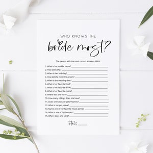 Minimalist Who knows the Bride the Most Game, Script Bridal Shower Game, Printable How well do you know the Bride?,  TEMPLETT, WLP-SIL 4127