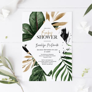 May include: A white baby shower invitation with a gold and black geometric design. The invitation features a tropical leaf pattern and the text "Join us for a Baby Shower honoring Brooklyn McDonald. Saturday September 19th 2021 at 2:00pm. The McDonalds Residence 285643 South Greensland Avenue Galena, IL 37564. RSVP by September 10th to Courtney Handley at 000.000.0000. Registered at Target & Bed Bath and Beyond."
