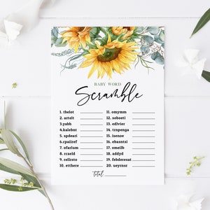 Sunflower Baby Word Scramble Game, Baby Shower Game, Editable Shower Game, Baby Word Jumble Game, Fall Baby Shower,  TEMPLETT, WLP-SUN 3271