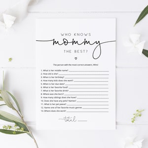 Who Know's Mommy Best Game, Minimalist Baby Shower Game, Editable Game Card, Mommy Questionaire Game, TEMPLETT, WLP-ODA 4098