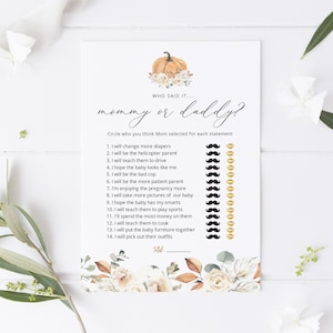 Printable Baby Shower Mommy or Daddy Game, Pumpkin Baby Shower Games, Editable Game Card, Fall BAby Shower, TEMPLETT, WLP-OPU 4395