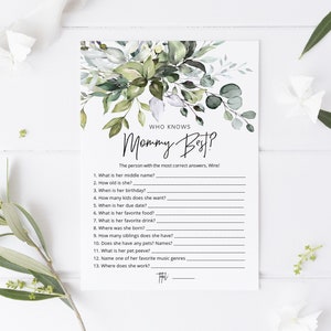 Greenery Who knows Mommy Best Game, Greenery Baby Shower Game, Printable How well do you know Mommy?,  TEMPLETT, WLP-HER 3387