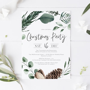 May include: A Christmas party invitation with a watercolor design of pine branches and pine cones. The invitation is for Saturday, December 16th at 7:00 PM at the McDonalds Home, 3745 Mount Morris Road, Galena, Illinois. RSVP to Courtney Handley by August 11th at 000.000.0000. Please bring a Secret Santa gift for donation to charity.