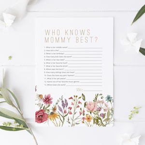 Who Know's Mommy Best Game, Wildflower Baby Shower Game, Editable Game Card, Mommy Questionaire Game, TEMPLETT, WLP-WIL 4696