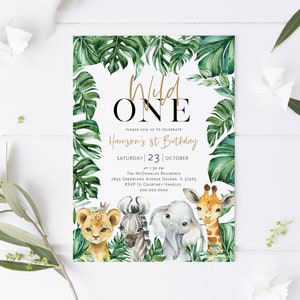 Safari First Birthday Invitation, Wild One, Jungle Birthday Invitation, Lion, Giraffe, Elephant, Editable Invitation, TEMPLETT, WLP-SAF 4776