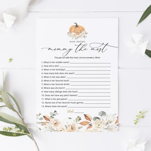 Pumpkin Who knows Mommy Best Game,  Fall Baby Shower Game, Printable How well do you know Mommy?,  TEMPLETT, WLP-OPU 4394