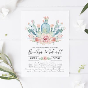 Cactus Bridal Shower Invitation, Printable Pink Cactus Invitation Template, Instant Download, Edit with TEMPLETT, WLP-PCA 970