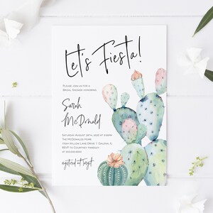 May include: A bridal shower invitation with a cactus illustration. The invitation reads "Let's Fiesta!" and includes the bride's name, the date, time, and location of the shower. It also includes the RSVP information and the registry location.