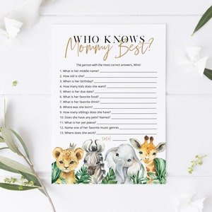 Jungle Who knows Mommy Best Game,  Safari Baby Shower Game, Printable How well do you know Mommy?,  TEMPLETT, WLP-SAF 3148