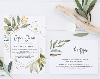 Gold Greenery Couples Shower Invitation and Details Card Set, Couples Shower Invitation, Recipe Card, Edit with TEMPLETT, WLP1262