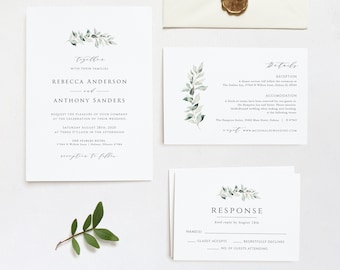 Eucalyptus Wedding Invitation Suite, Eucalyptus Wedding Invitation, Minimalist Wedding, Templett Wedding Invitation, WLP-VEU 3084