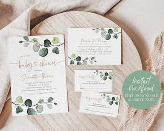 May include: A set of printable baby shower invitations with a watercolor eucalyptus design. The invitation includes the text "Join us for a baby shower honoring Samantha Thomas".