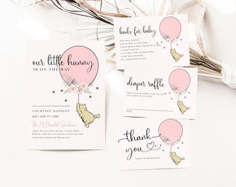 Our Little Hunny Invitation, Winnie the Pooh Baby Shower Invitation Bundle, Books for Baby Card, Diaper Raffle, TEMPLETT, WLP-POH 6983