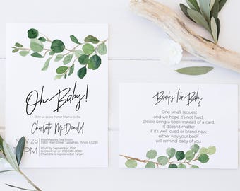 Greenery Baby Shower Invitation, Details Card Set, Baby Shower Invitation Template, Books for Baby Card, Edit with TEMPLETT, WLP-TWI 548