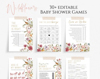 May include: A set of printable baby shower games with a floral theme. The games include "The Price is Right", "Find the Guest Bingo", "Over or Under", "Who is My Mama?", "Mommy or Daddy?" and "Baby Shower Mad Libs".