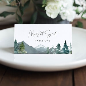 Mountains Place Cards, Greenery Placecard Template, Editable Place Cards, Pine Trees Escort Cards, Edit with TEMPLETT, WLP-MOU 2614