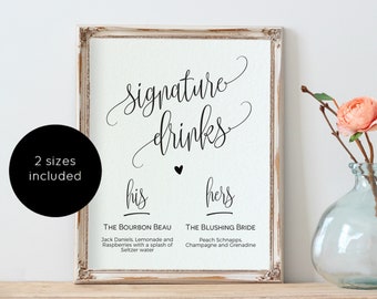 Signature Drinks Sign, Printable Signature Drinks Sign, Drinks Menu Sign, Wedding Sign, Instant Download, Edit with TEMPLETT, WLP-ELE 897