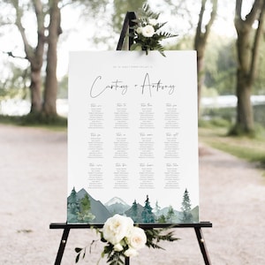Mountain Wedding Seating Chart, Printable Table Seating Chart, Pine Trees Seating chart Template, Edit with TEMPLETT, WLP-MOU 2619
