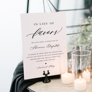 In Lieu of Favors, Donation Wedding Sign Template, Printable In Lieu of Favors Sign, Script wedding, TEMPLETT, Favors Sign, WLP-ROC 8017