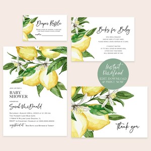 Lemon Baby Shower Invitation, Baby Shower Bundle, Baby Shower Invitation Set, Books for Baby Card, Diaper Raffle, TEMPLETT, WLP-LEM 2959