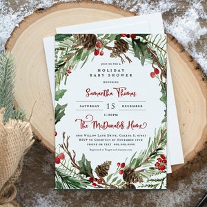 Christmas Baby Shower Invitation, Baby Shower Invitation, Holiday Baby Invitation, Instant Download, Holly Wreath, TEMPLETT, WLP-RCW 3929
