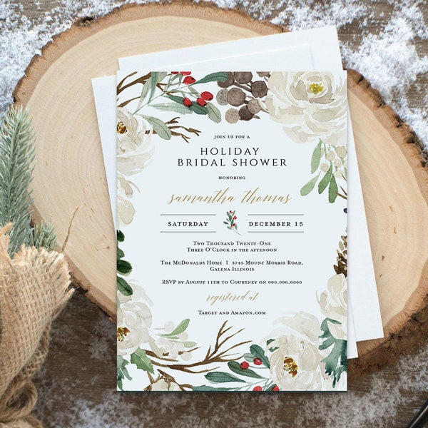 Christmas Bridal Shower Invitation, Bridal Shower Invitation, Holiday Bridal Invitation, Instant Download, Rustic, TEMPLETT, WLP-RCR 3918