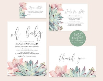 Succulent Baby Shower Invitation, Baby Shower Bundle, Baby Shower Invitation Set, Books for Baby Card, Diaper Raffle, TEMPLETT, WLP-PPS 2890