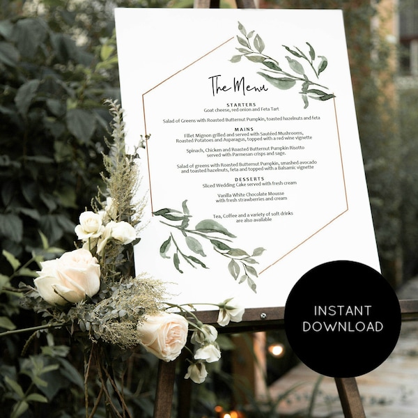 Wedding Menu Sign, Printable Wedding Menu Poster, Greenery Wedding Menu Board, Menu Sign, Instant Download, Edit with TEMPLETT, WLP-MOD 1431