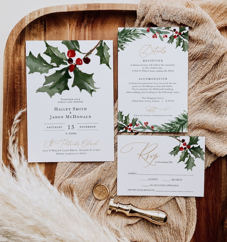Christmas Holly Wedding Invitation Template, Wedding Invitation, Holiday Wedding Invitation Printable,Edit with TEMPLETT, WLP-RHO 4251 image 1