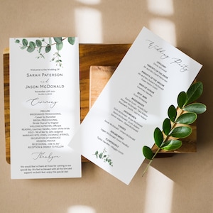 Eukalyptus Hochzeitsprogramm, Hochzeitsprogramm zum Ausdrucken, Hochzeitszeremonie in Burgund, Vorlage für die Hochzeitszeremonie, TEMPLETT, WLP-EUU 4192