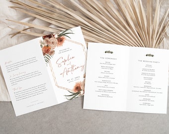 May include: A wedding ceremony program with a floral design on the front cover. The program includes the order of events, the wedding party, and the reception details. The front cover features the names "Sophia and Anthony" and the date "08.11.2023".