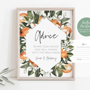 Puede incluir: Tarjeta de consejos de boda imprimible con un dise&ntilde;o floral con flores de azahar y naranjas. El texto dice "Consejos: Comparte tus consejos y buenos deseos con los reci&eacute;n casados, Sarah & Anthony".