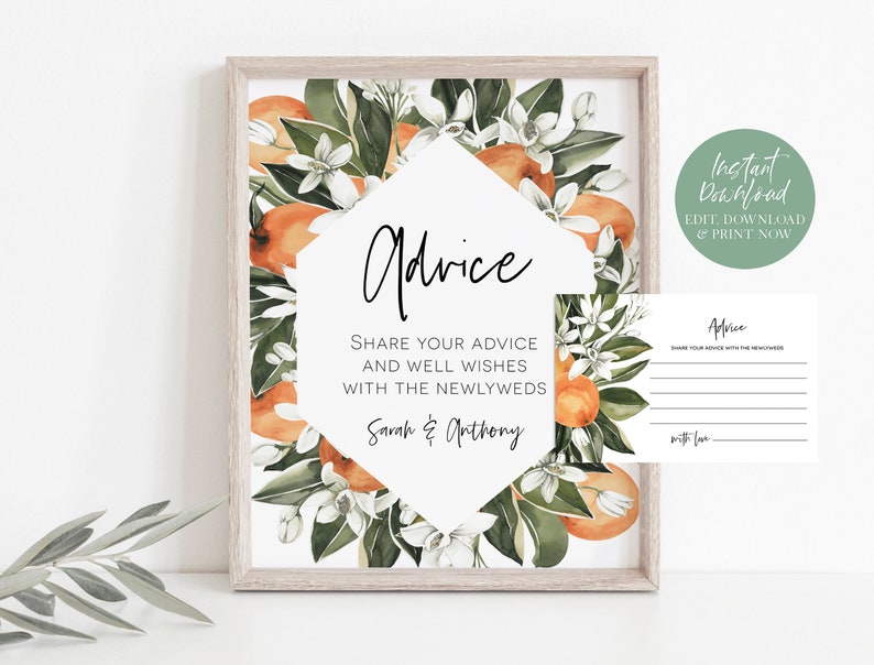 Puede incluir: Tarjeta de consejos de boda imprimible con un dise&ntilde;o floral con flores de azahar y naranjas. El texto dice "Consejos: Comparte tus consejos y buenos deseos con los reci&eacute;n casados, Sarah & Anthony".