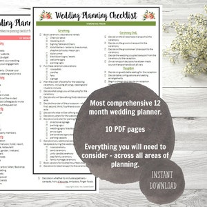 Puede incluir: Una lista de verificación de planificación de bodas imprimible con un diseño floral. La lista de verificación está dividida en secciones para la preboda, la planificación inicial, la fiesta nupcial, la ceremonia, la preparación, la ceremonia y la recepción. La lista de verificación se titula "Wedding Planning Checklist" y "Wedding Planner". El texto "Most comprehensive 12 month wedding planner. 10 PDF pages. Everything you will need to consider - across all areas of planning. INSTANT DOWNLOAD" también está incluido.