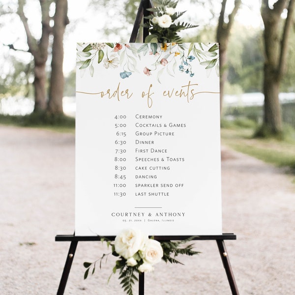 Wedding Order of Events Poster, Wildflower Wedding Poster Template, Order of Events Sign, Edit with TEMPLETT, WLP-DUT 5633