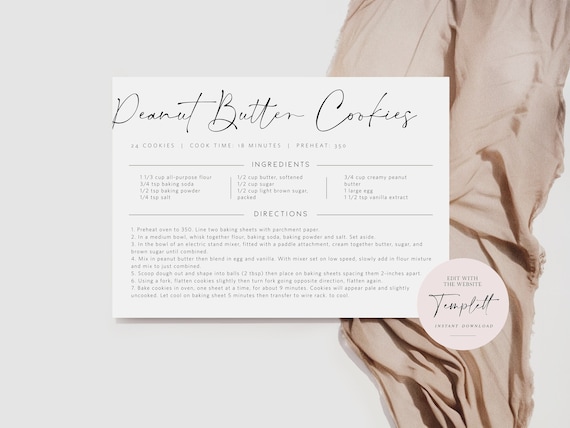 Editable Recipe Card Template, Minimalist Recipe Card, Diy Recipe Card, Multiple Sizes, Edit with TEMPLETT, WLP-SAL 6685