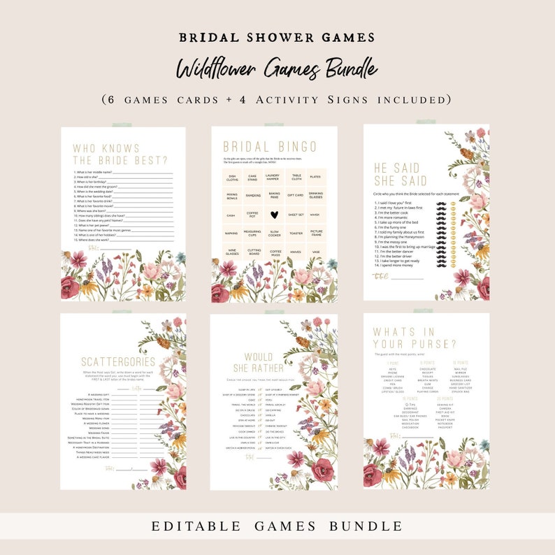 Wildflower Bridal Shower Game Bundle, Baby Shower Games, Games Bundle, Customize Baby Shower Games, Edit with TEMPLETT, WLP-WIL 4785 image 1