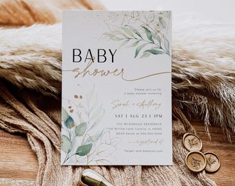 May include: A white baby shower invitation with gold lettering and watercolor greenery. The invitation reads "Baby Shower" and includes the names "Sarah + Anthony", the date "SAT | AUG 23 | 3PM", the location "THE MCDONALD RESIDENCE", the address "1746 Willow Lane Calena IL 48563", and the RSVP information "RSVP Sarah at 000.000.0000".